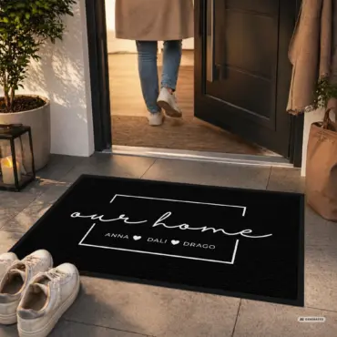 Personalisierte Fußmatte „our home“ in Schwarz — liegt vor dem Hauseingang
