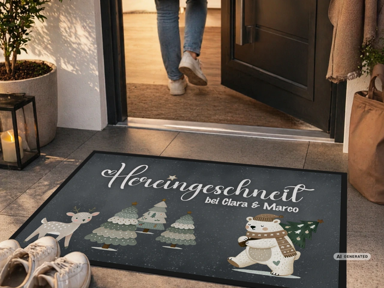 Weihnachtliche Fußmatte „Hereingeschneit bei Clara & Marco“ mit Reh, Tannen und Eisbär vor der geöffneten Haustür