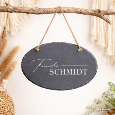 Ovales Willkommensschild Haustür „Familienname“ aus Schiefer, an einem Ast im Boho-Stil