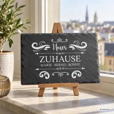 Rechteckiges Hausschild mit Namen „Unser Zuhause“ aus Schiefer, auf einer Staffelei an der Fensterbank