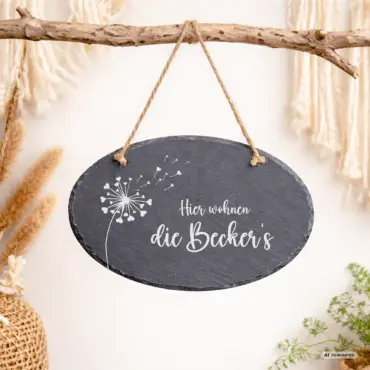 Ovales Türschild Willkommen „Pusteblume“ aus Schiefer, an einem Ast im Boho-Stil