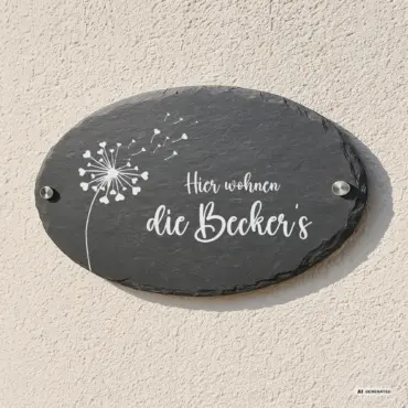 Ovales Türschild Willkommen „Pusteblume“ aus Schiefer, an der Hauswand mit Edelstahl-Abstandshaltern