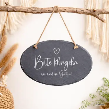 Ovales Türschild mit Spruch „Eigene Worte“ aus Schiefer, an einem Ast im Boho-Stil