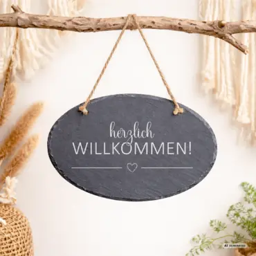 Ovales Willkommensschild „Herzgruß“ aus Schiefer, an einem Ast im Boho-Stil