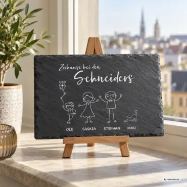 Rechteckiges Familienschild Haustür „Wir alle“ aus Schiefer, auf einer Staffelei an der Fensterbank