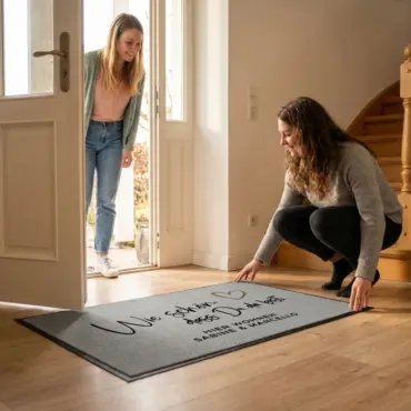 Einzugsgeschenk für die Freundin: personalisierte Fußmatte wird vor der offenen Wohnungstür hingelegt
