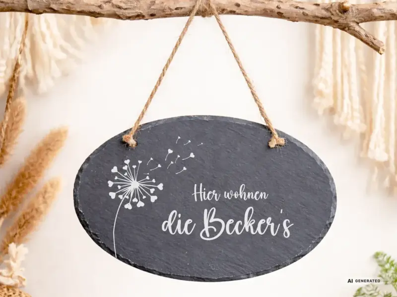 Gartenschild personalisiert: ovales Schieferschild mit Pusteblume und Familiennamen hängt an einem Ast