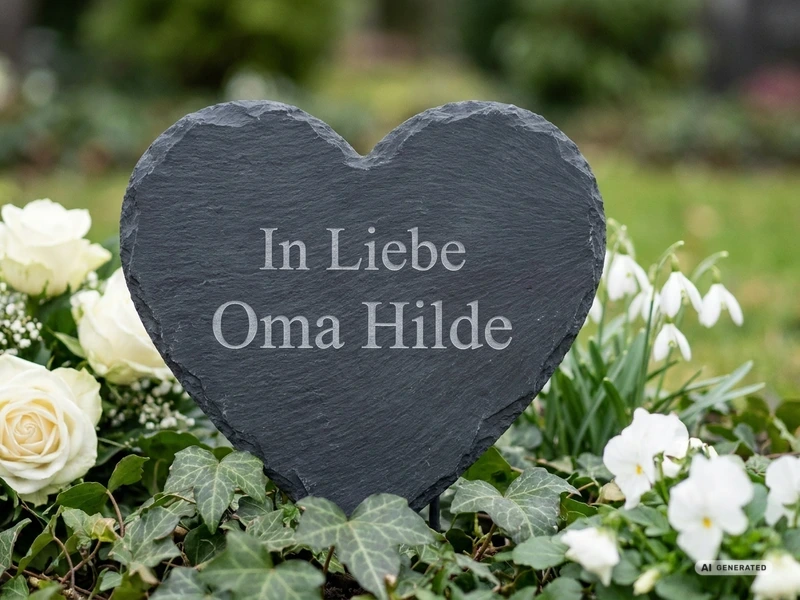 Herzförmige Schiefertafel mit „In Liebe Oma Hilde“ zwischen weißen Blumen