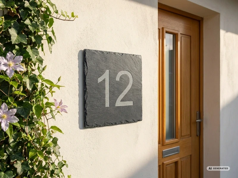 Hausnummernschild aus Schiefer mit der Nummer 12 an einer hellen Hauswand neben der Haustür