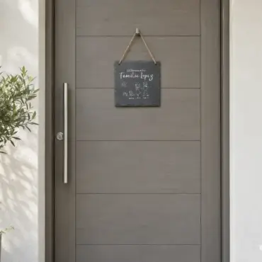 Türschild Familie aus Schiefer mit Juteband an einer Haustür