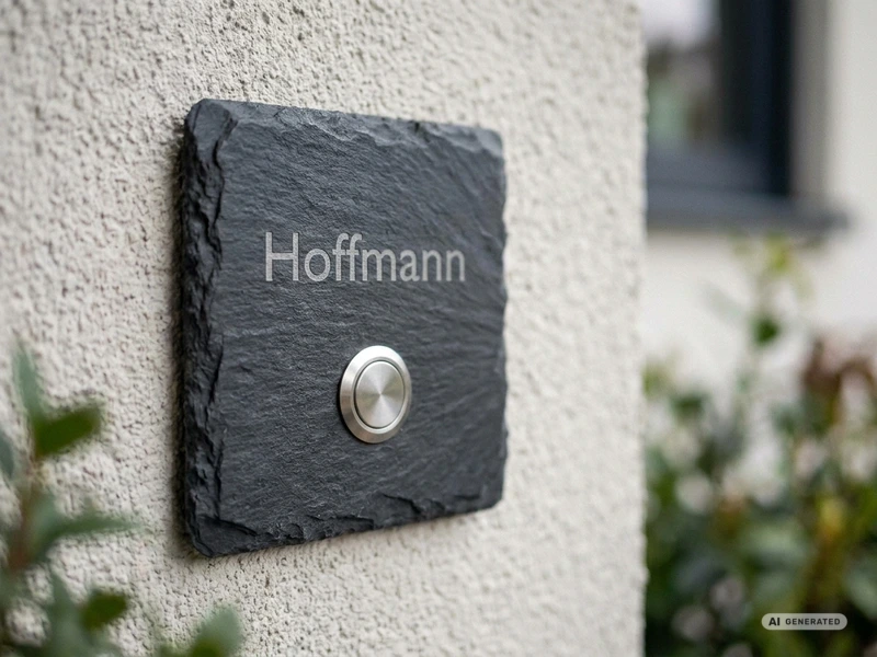 Klingelschild aus Schiefer mit dem Namen „Hoffmann“ und Klingelknopf an einer Hauswand