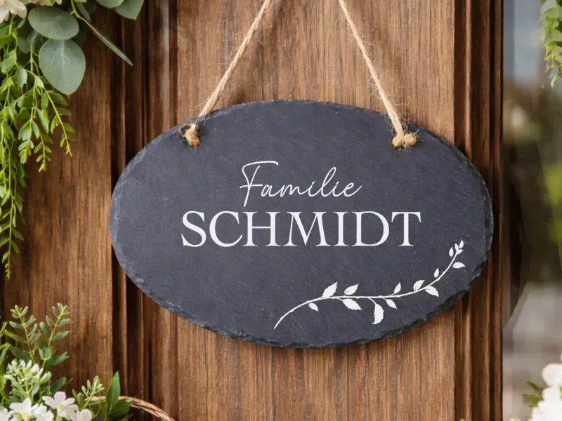 Ovales Namensschild aus Schiefer mit „Familie Schmidt“ an einer Holztür