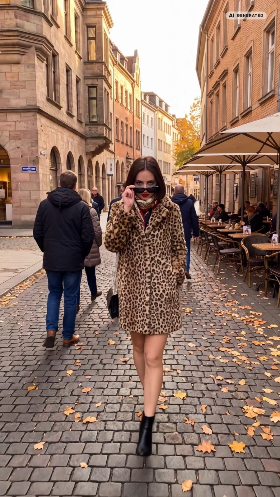 Frau mit Sonnenbrille vor einer personalisierten Fußmatte im Leoparden-Look