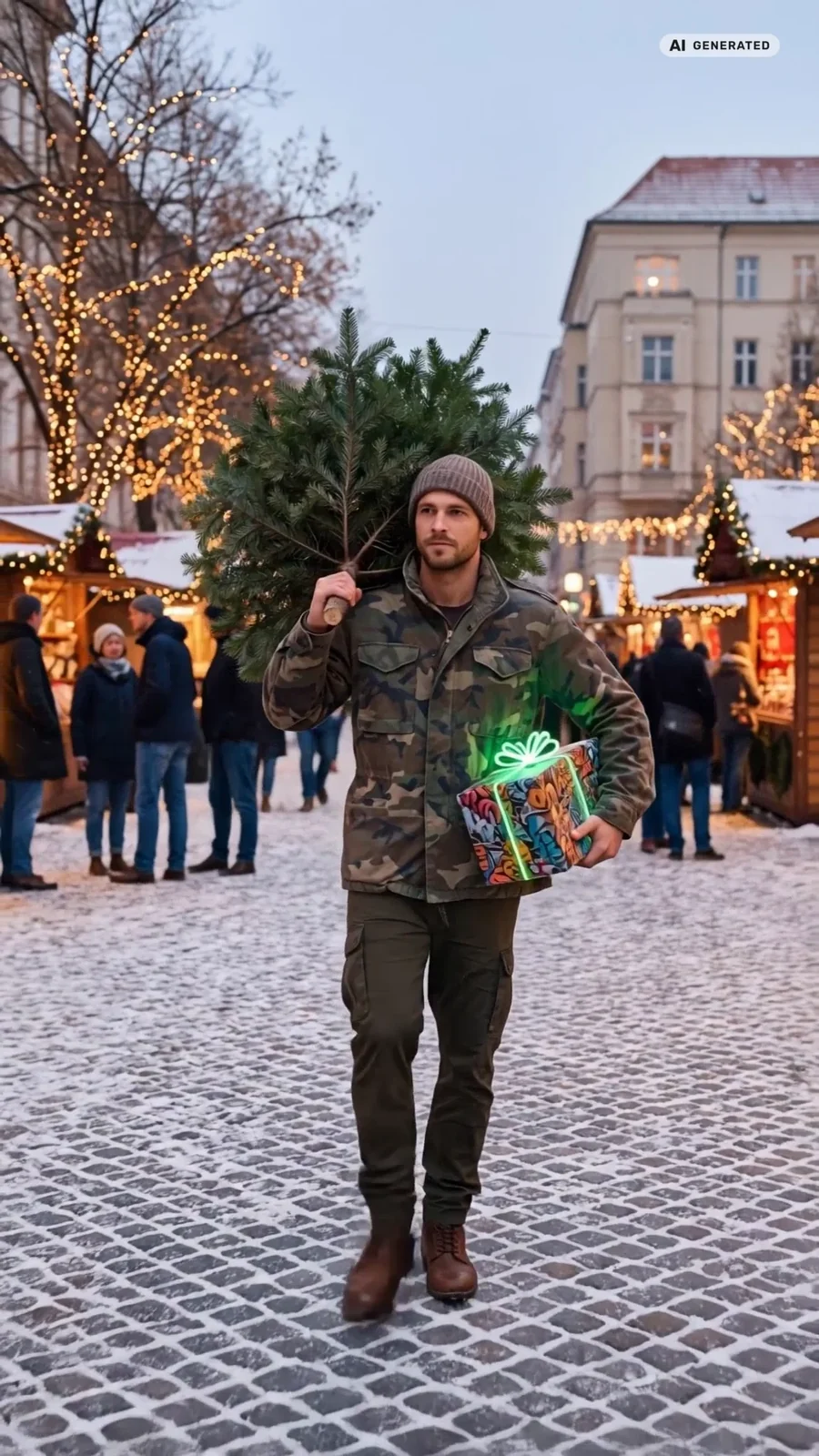 Mann mit Tannenbaum vor einer weihnachtlichen personalisierten Fußmatte