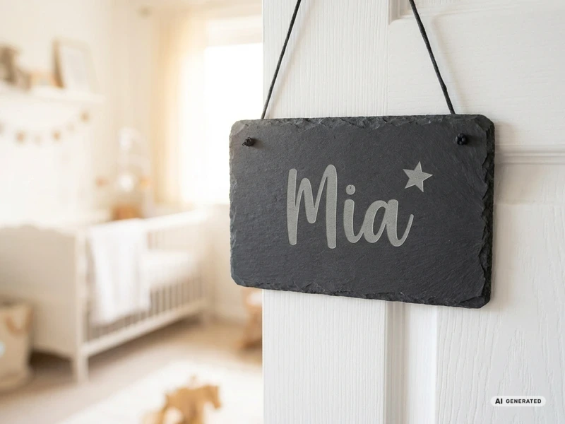 Türschild aus Schiefer mit dem Namen „Mia“ an der Tür eines Kinderzimmers